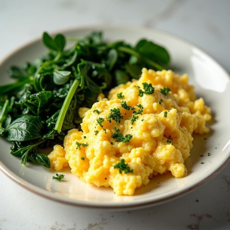 Creamy Scrambled Eggs with Fresh Herbs and Sautéed Greens