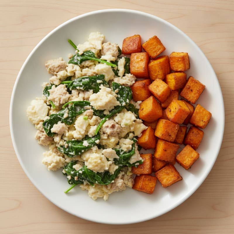 Egg White and Turkey Spinach Scramble with Roasted Sweet Potato
