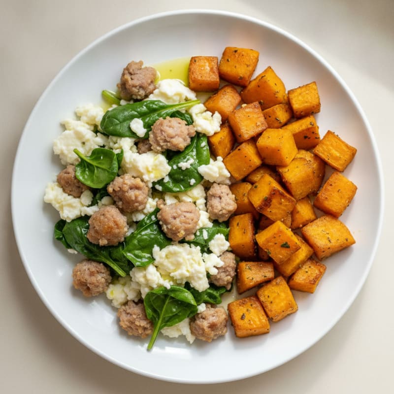 Egg White and Turkey Sausage Scramble with Spinach and Roasted Sweet Potato