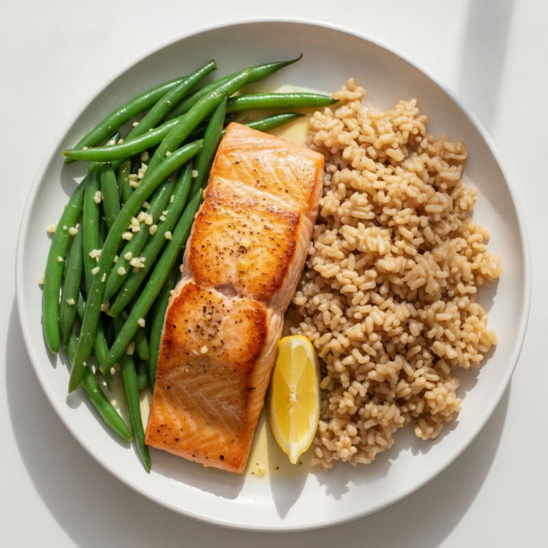 Seared Salmon with Garlic Green Beans and Brown Rice