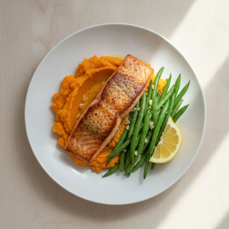 Seared Salmon with Garlic Green Beans and Sweet Potato Mash