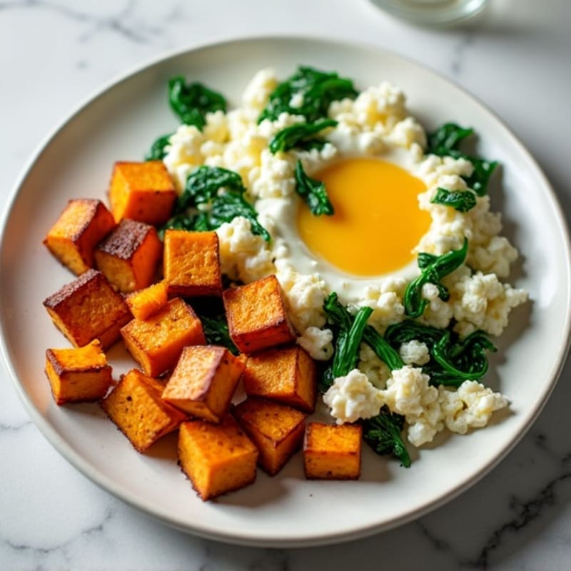 Cottage Cheese Egg White Scramble with Spinach and Roasted Sweet Potatoes
