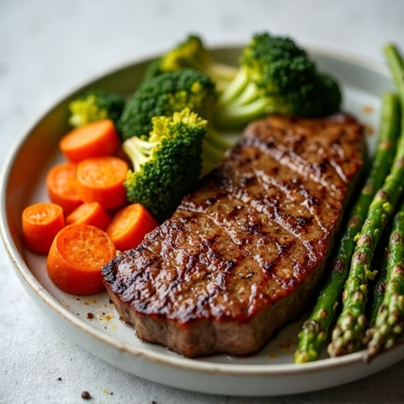 Pan-Seared Beef with Crispy Roasted Carrots, Broccoli, and Asparagus