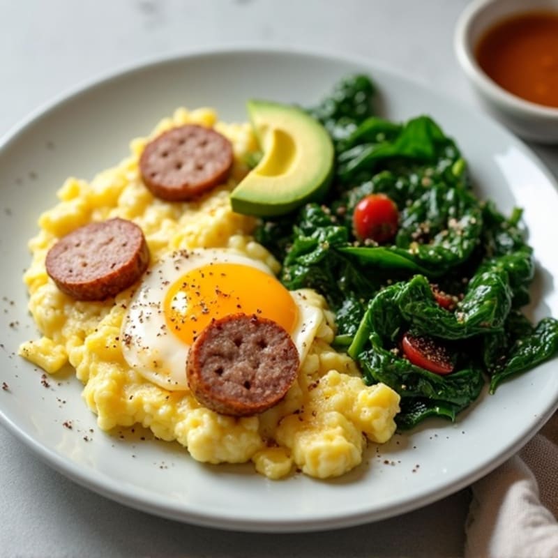Egg White and Turkey Sausage Scramble with Sautéed Spinach