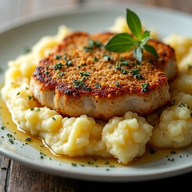 Herb-Crusted Pan Seared Pork Chops with Roasted Garlic Mashed Potatoes