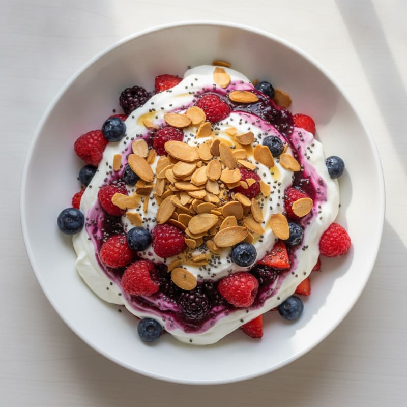 Greek Yogurt Protein Parfait with Mixed Berries and Almonds
