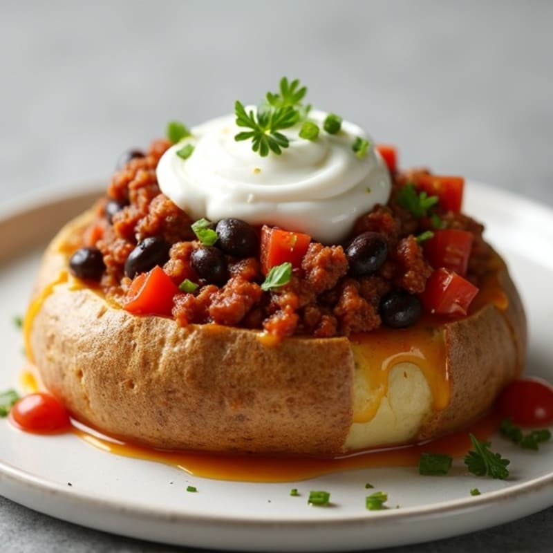 Fluffy Loaded Baked Potatoes with Lean Beef Chili and Greek Yogurt Topping