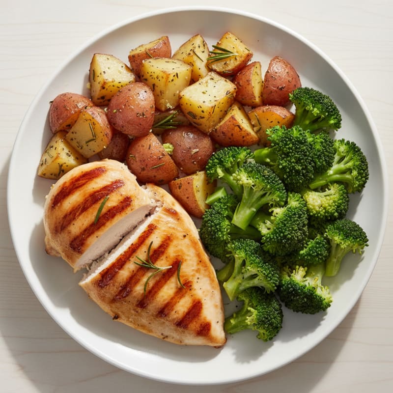 Grilled Chicken with Herb-Roasted Potatoes and Steamed Broccoli