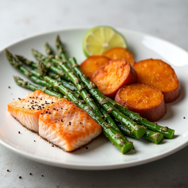 Seared Salmon Fillet with Roasted Asparagus and Sweet Potato