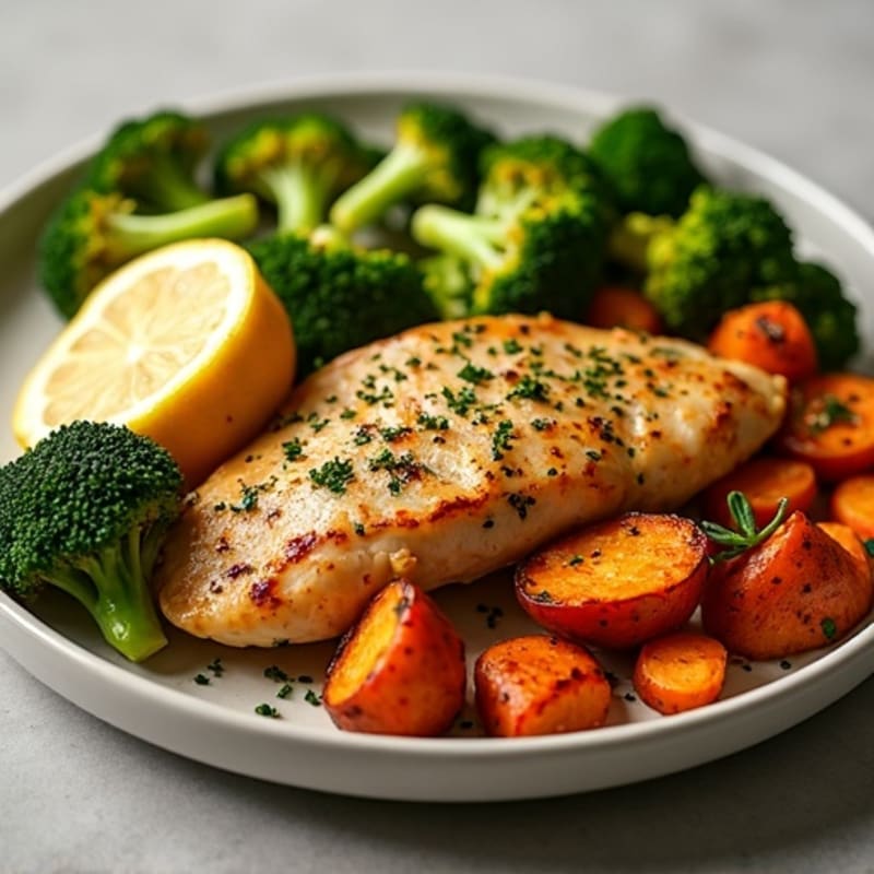Sheet Pan Lemon Herb Chicken with Crispy Roasted Sweet Potatoes and Broccoli
