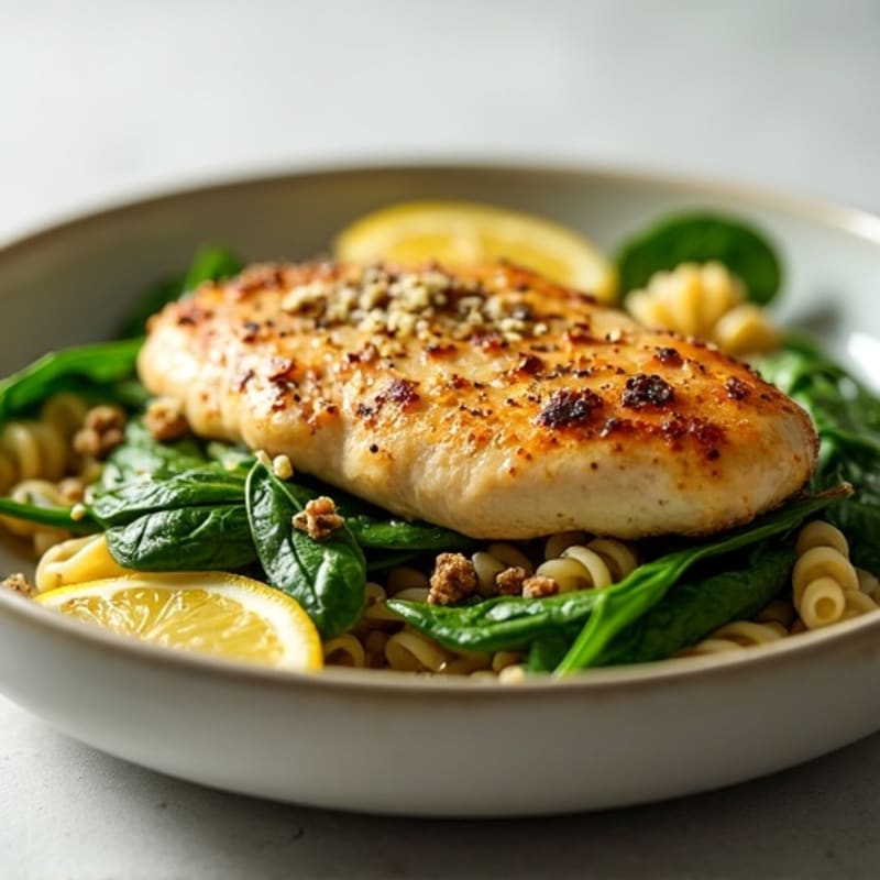 Garlic Lemon Pan-Seared Chicken with Fresh Spinach and Protein Pasta