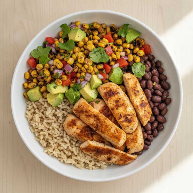 Chicken Burrito Bowl with Roasted Corn Salsa