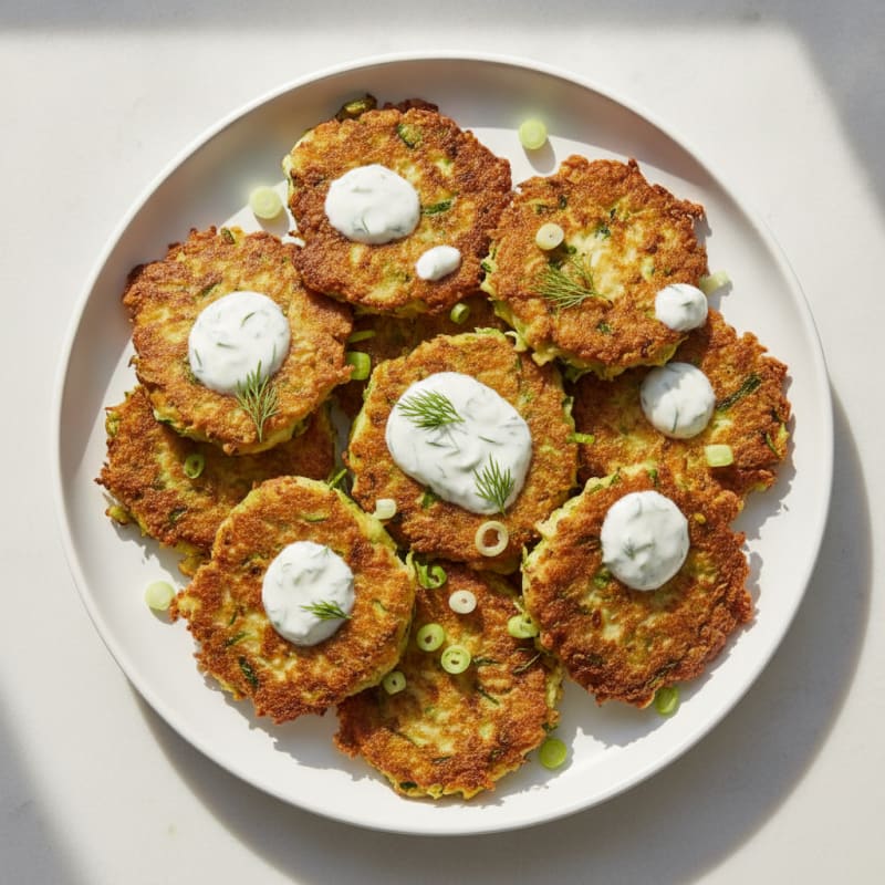 Pan-Fried Zucchini Fritters with Dill Yogurt