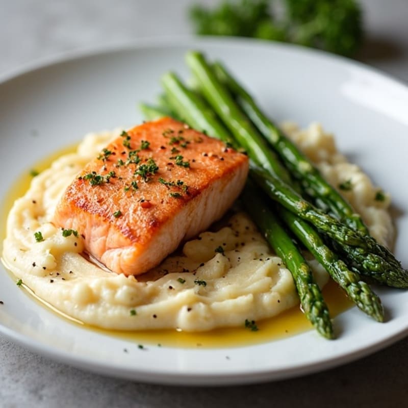 Seared Salmon Fillet with Roasted Asparagus and Cauliflower Mash