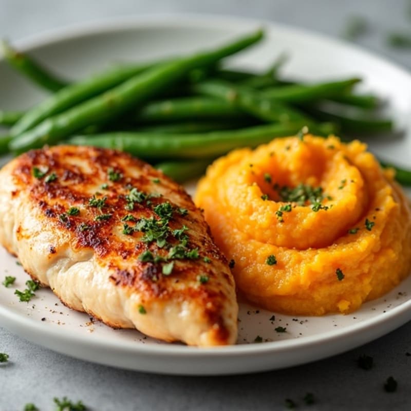 Seared Chicken Breast with Garlic Green Beans and Sweet Potato Mash