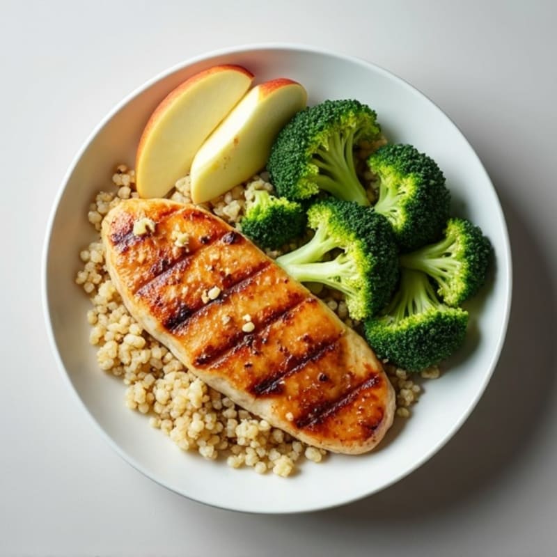 Grilled Chicken Breast with Quinoa, Steamed Broccoli & Apple Slices
