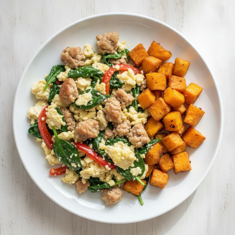 Egg White and Turkey Sausage Scramble with Spinach and Roasted Sweet Potatoes