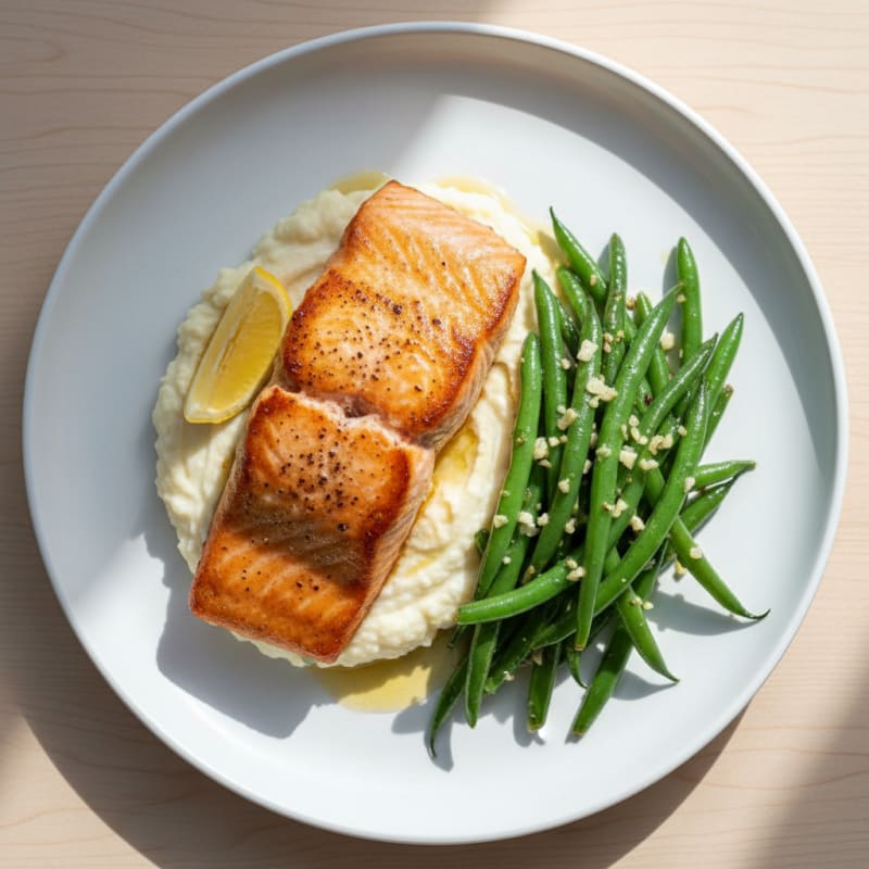 Seared Salmon with Garlic Green Beans and Cauliflower Mash