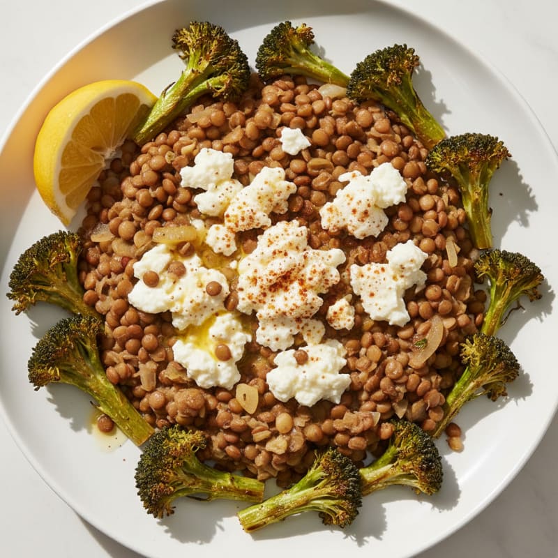 Creamy Lentil and Cottage Cheese Skillet with Roasted Broccoli