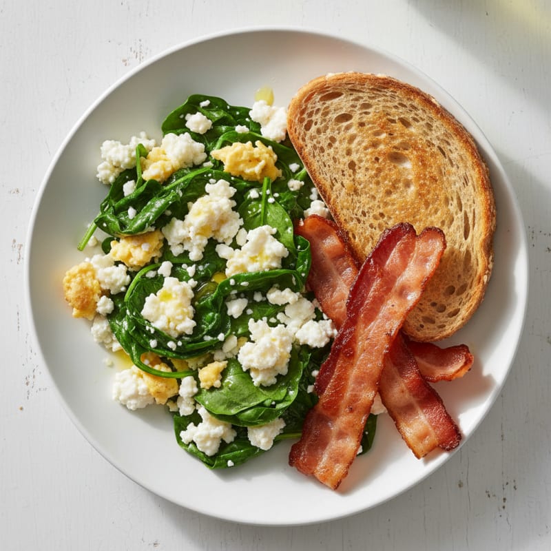 Cottage Cheese Scramble with Spinach and Turkey Bacon