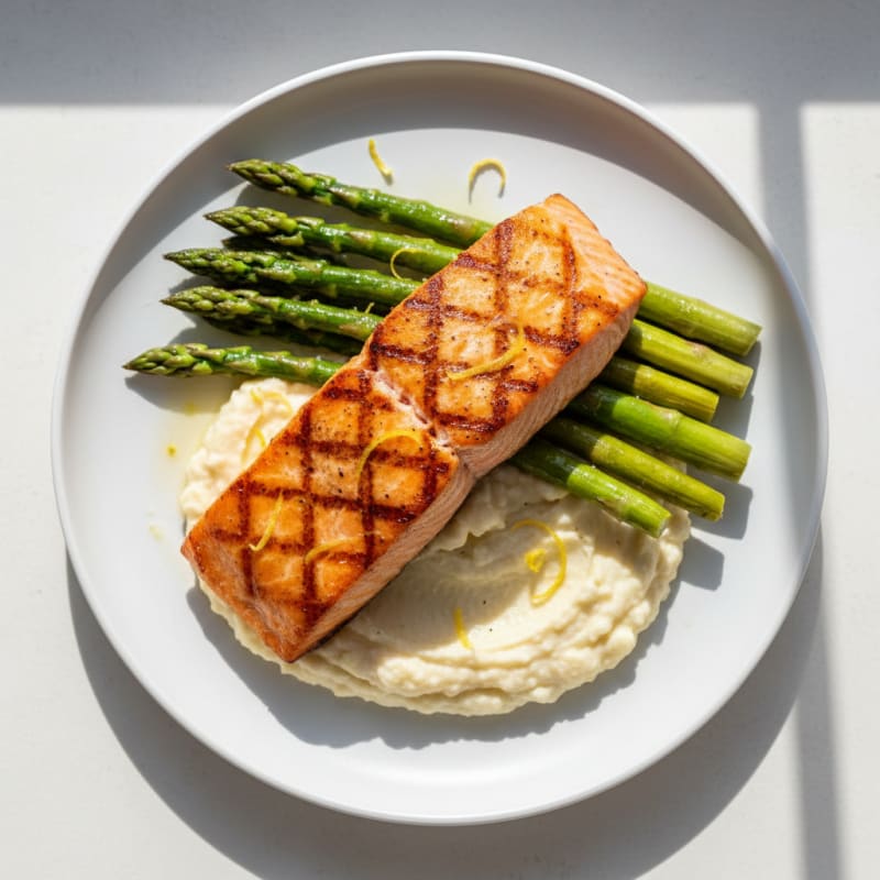 Seared Salmon with Steamed Asparagus and Cauliflower Mash