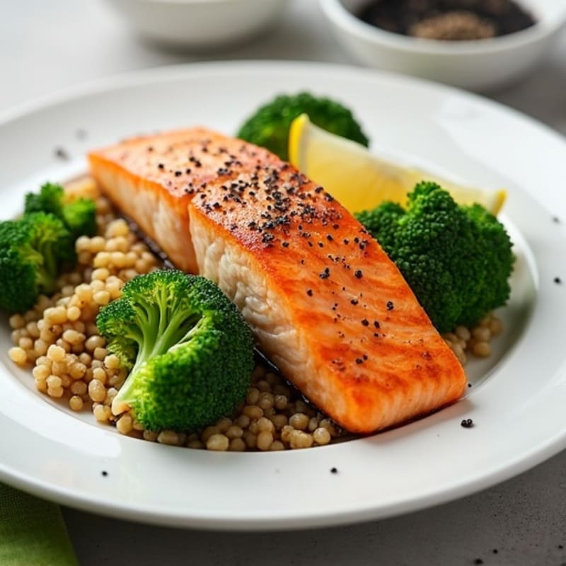 Seared Salmon with Steamed Broccoli and Quinoa