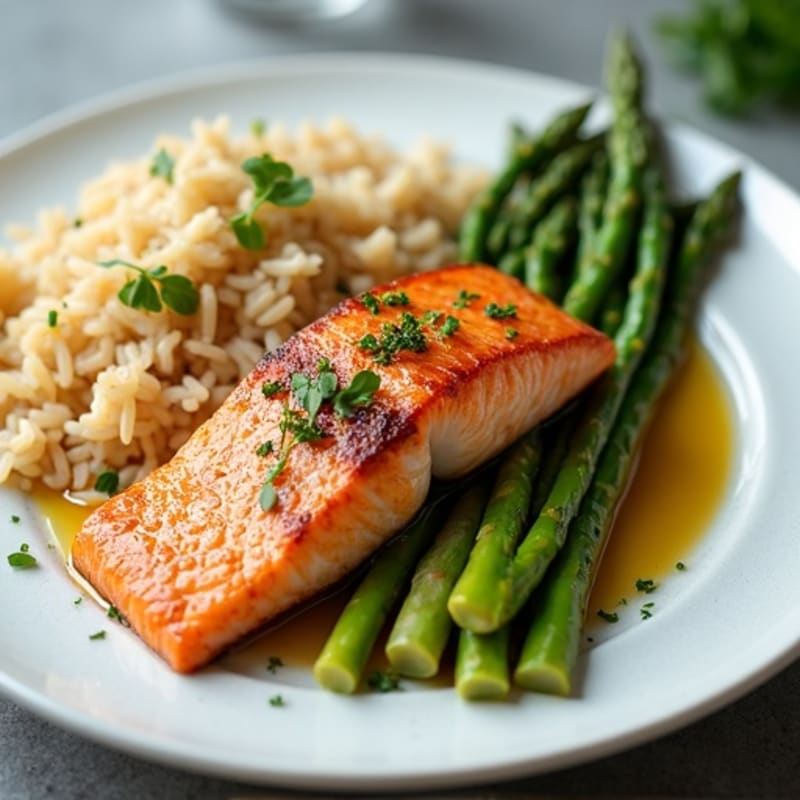 Seared Salmon Fillet with Steamed Asparagus and Brown Rice