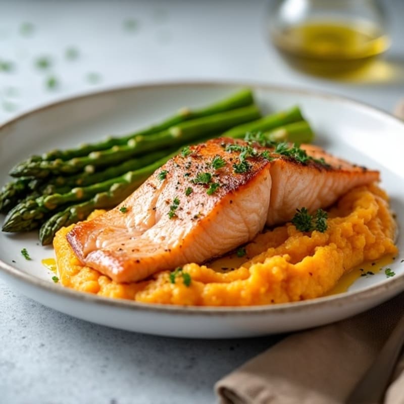 Baked Salmon Fillet with Roasted Asparagus and Sweet Potato Mash