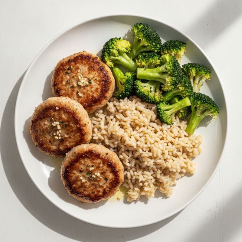 Seared Turkey Patties with Steamed Broccoli and Brown Rice