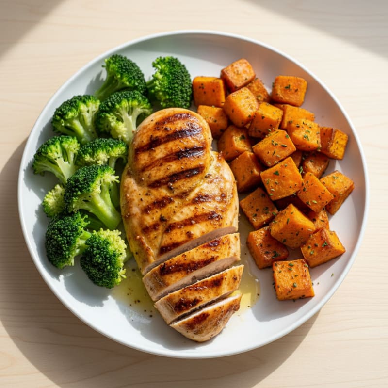 Grilled Chicken Breast with Roasted Sweet Potato and Steamed Broccoli