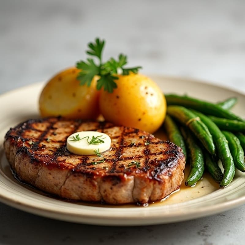 Crispy Garlic Butter Steak with Roasted Potatoes and Green Beans