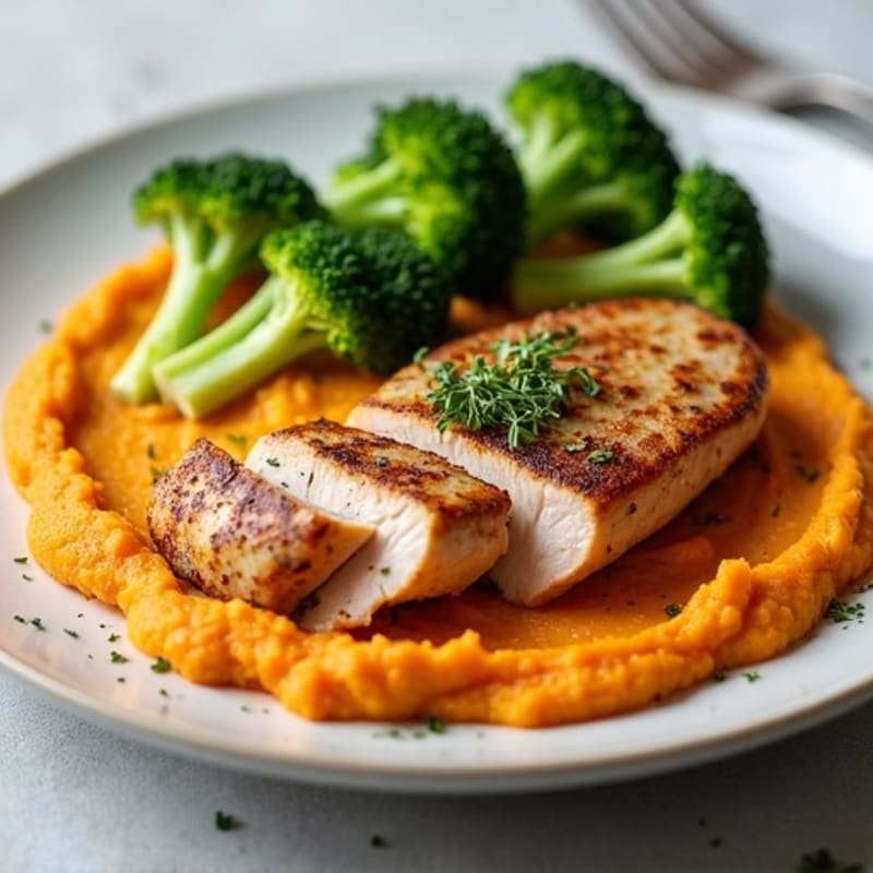 Seared Turkey Breast with Steamed Broccoli and Sweet Potato Mash