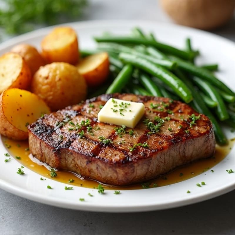 Garlic Butter Steak with Crispy Roasted Potatoes and Roasted Green Beans