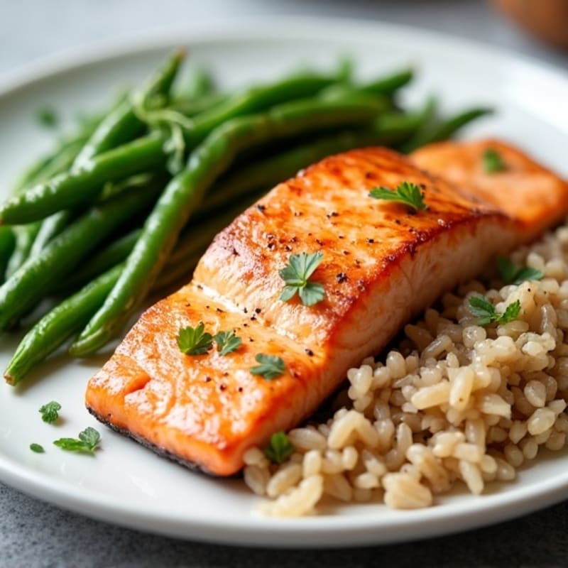 Seared Salmon Fillet with Garlic Green Beans and Brown Rice