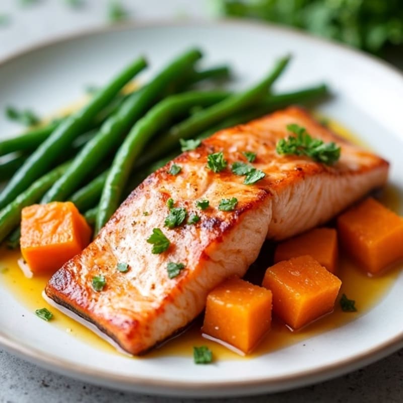 Seared Salmon with Roasted Sweet Potatoes and Green Beans