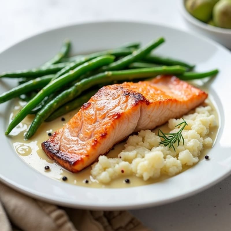 Seared Salmon with Steamed Green Beans and Cauliflower Mash