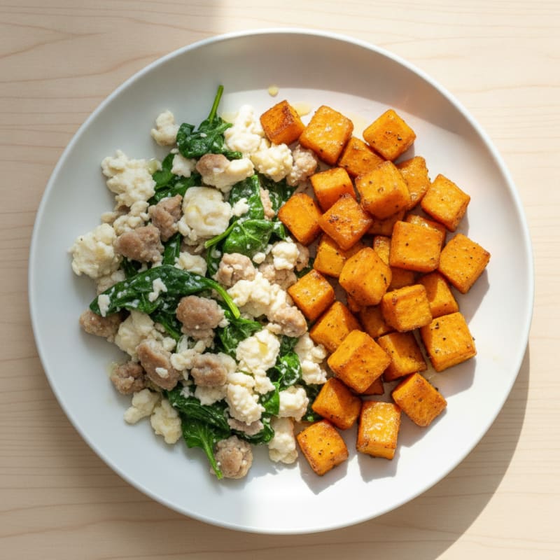 Egg White and Turkey Sausage Scramble with Roasted Sweet Potatoes