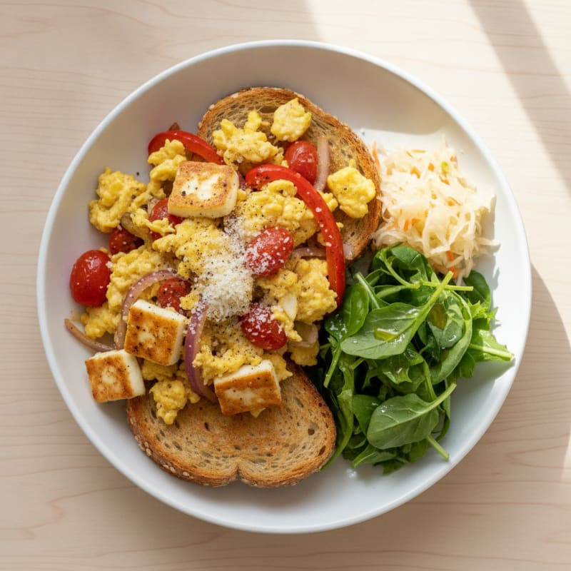 Halloumi and Egg Scramble with Sautéed Vegetables