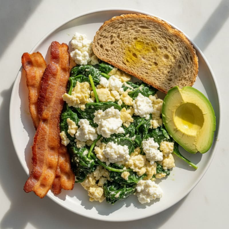 Crispy Turkey Bacon and Egg White Scramble with Cottage Cheese and Spinach