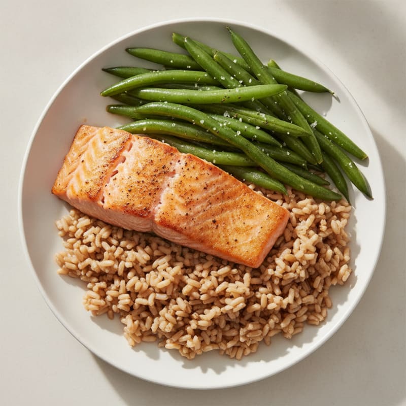 Seared Salmon with Steamed Green Beans and Brown Rice