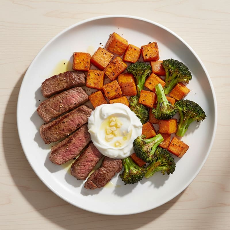 Seared Beef Strips with Roasted Broccoli and Sweet Potato