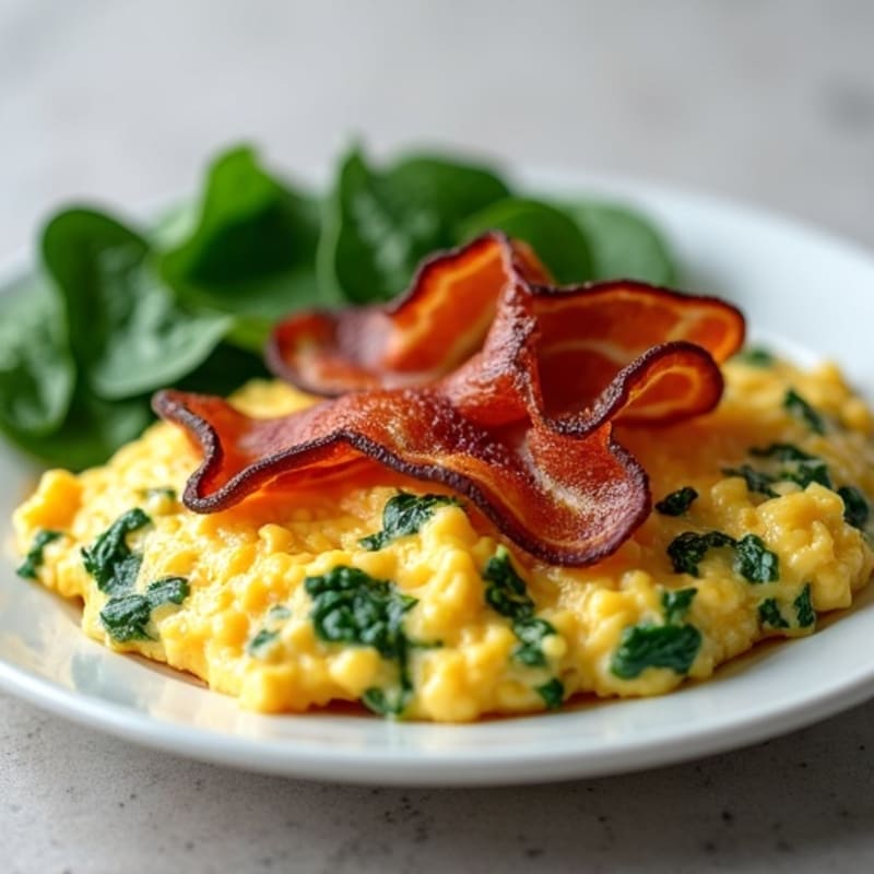Cottage Cheese Scramble with Turkey Bacon and Sautéed Spinach