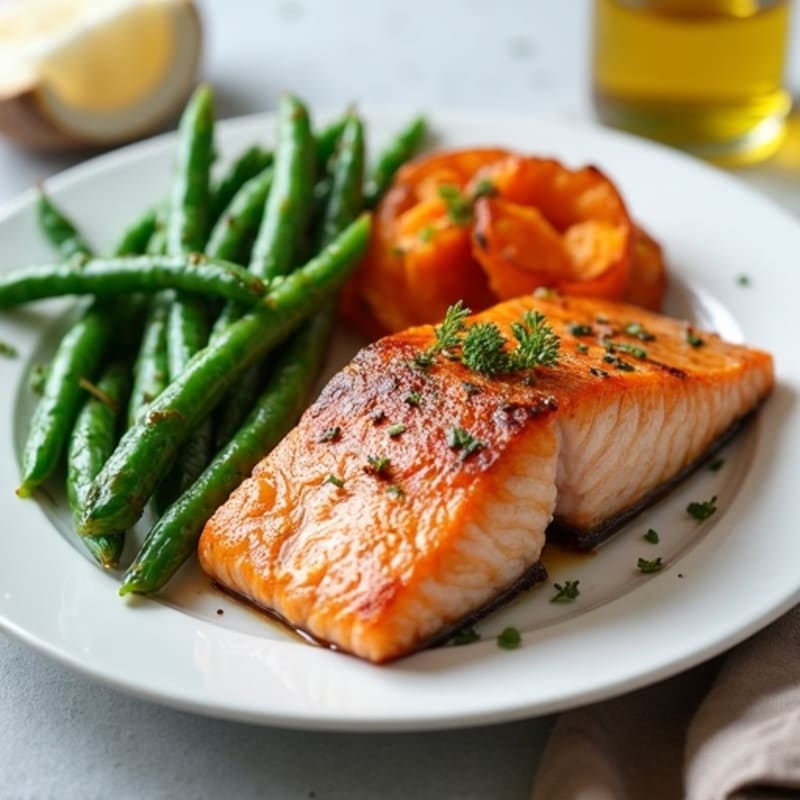 Seared Salmon with Garlic Green Beans and Roasted Sweet Potato
