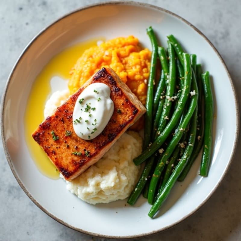 Seared Salmon with Garlic Green Beans and Mashed Sweet Potato