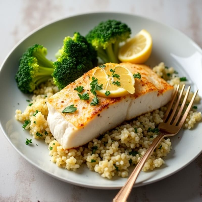 Roasted Cod with Lemon Herb Quinoa and Steamed Broccoli