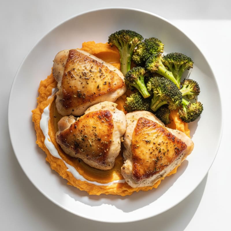Oven-Baked Chicken Thighs with Garlic Sweet Potato Mash and Roasted Broccoli