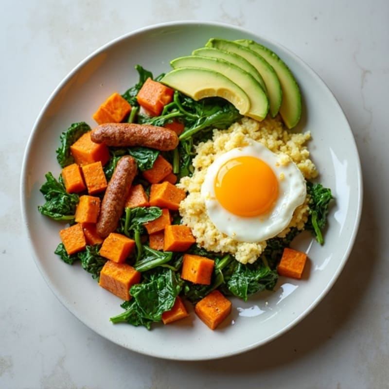 Egg White and Turkey Sausage Scramble with Spinach and Roasted Sweet Potatoes