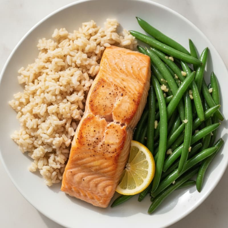 Seared Salmon with Garlic Green Beans and Steamed Brown Rice