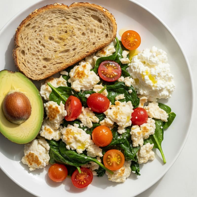 Egg White and Spinach Scramble with Cottage Cheese and Tomatoes