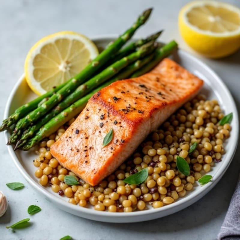 Seared Salmon with Steamed Asparagus and Lentil Salad